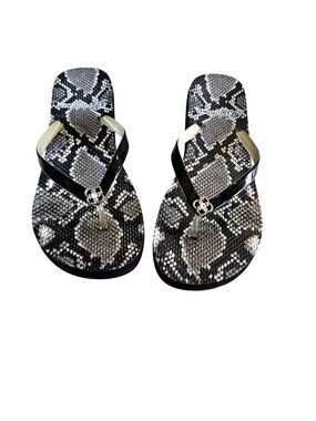 Brighton Viper Snake Print Crystal Rhinestone Flower Accent Flip Flop Size 9
